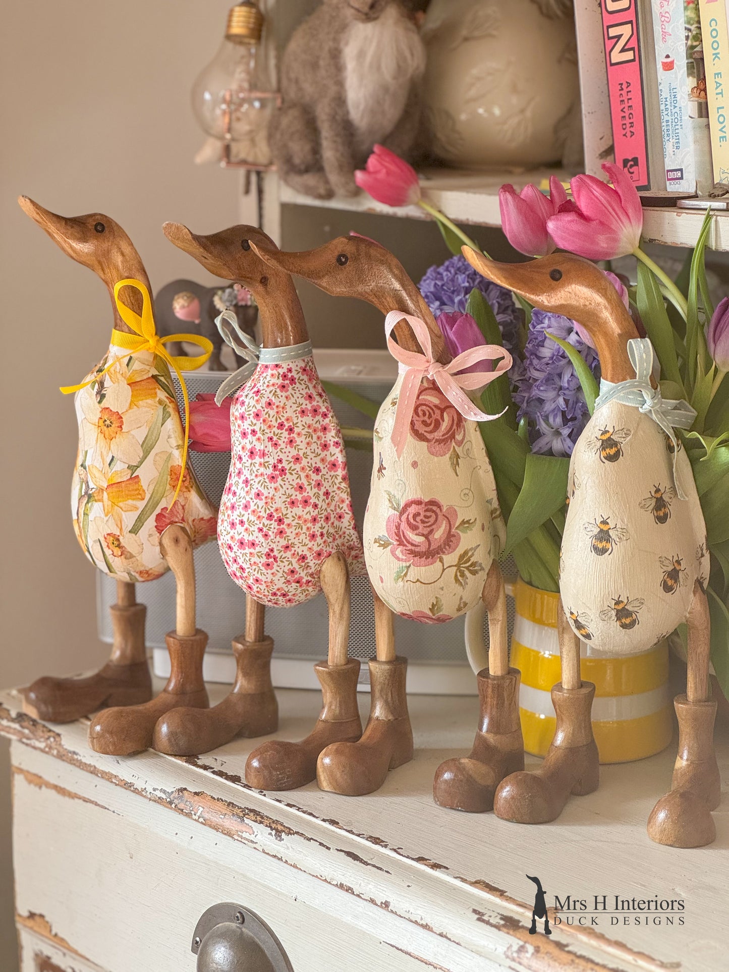 Daffy the daffodil floral decorated Wooden Duck in Boots by Mrs H the Duck Lady