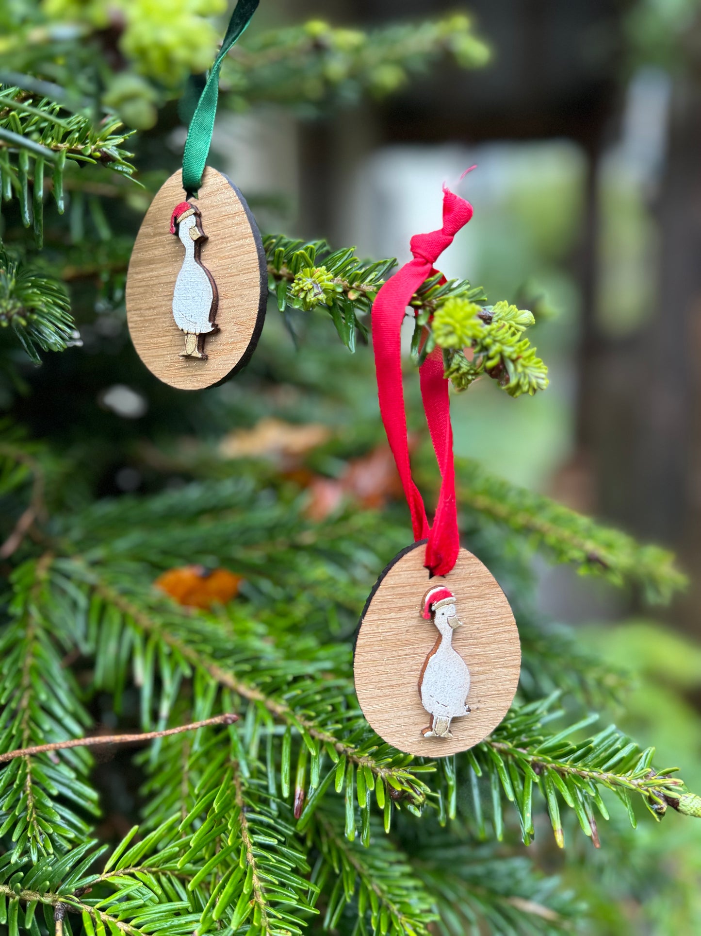 Christmas Blossom duck egg decorations with duck design on oak egg shapes, hand painted ready to use.