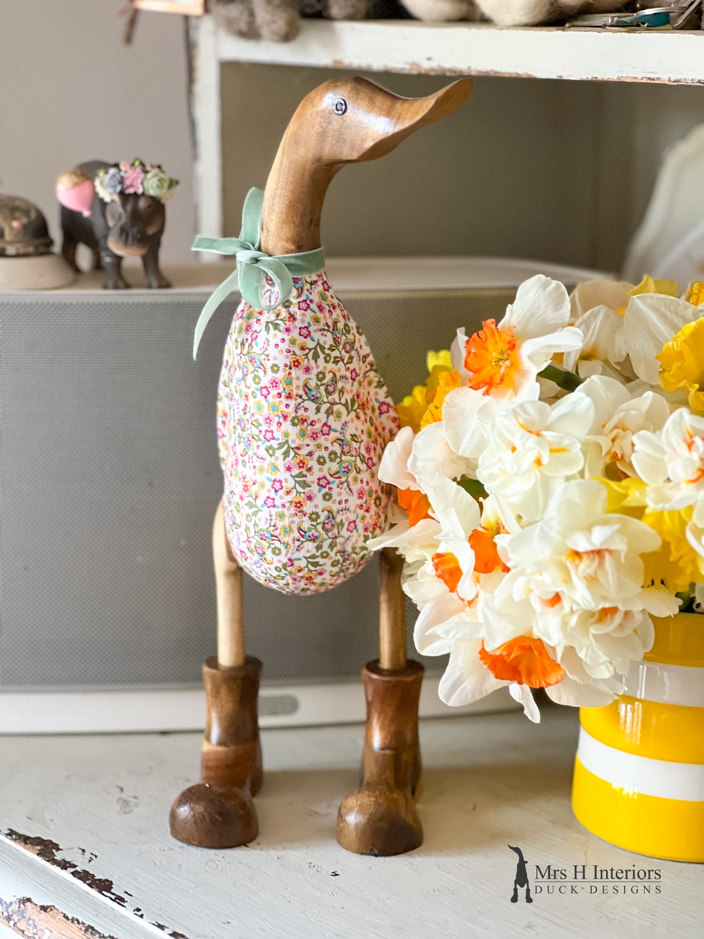 Millie the ditsy floral decorated Wooden Duck in Boots by Mrs H the Duck Lady