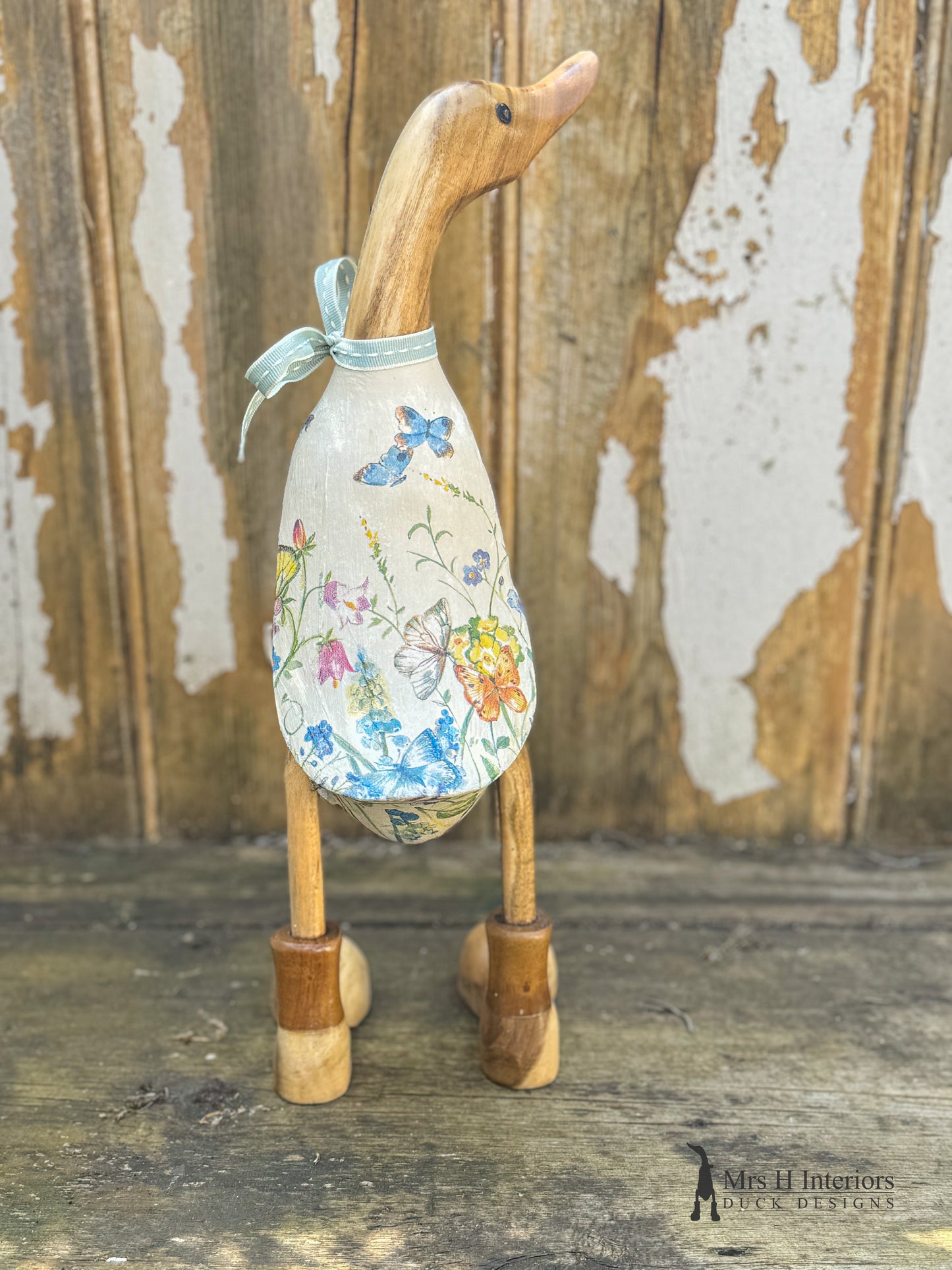 Bella the butterfly & summer flowers decorated Wooden Duck in Boots by Mrs H the Duck Lady