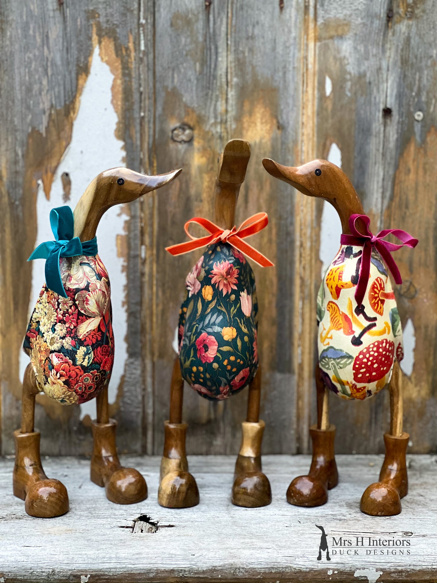 Tula, floral, rich and opulent with gold leaf Decorated Wooden Duck in Boots by Mrs H the Duck Lady
