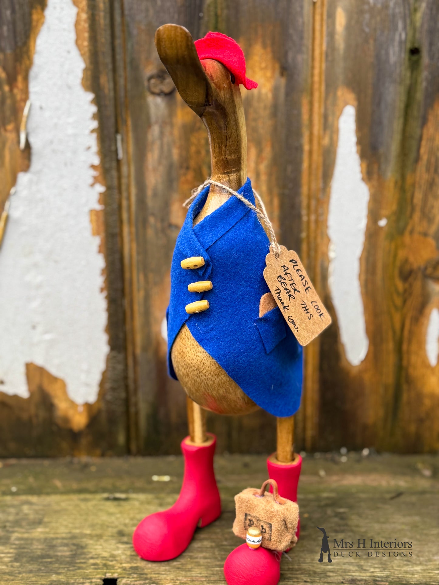 Paddington puddle duck - Decorated Wooden Duck in Boots by Mrs H the Duck Lady