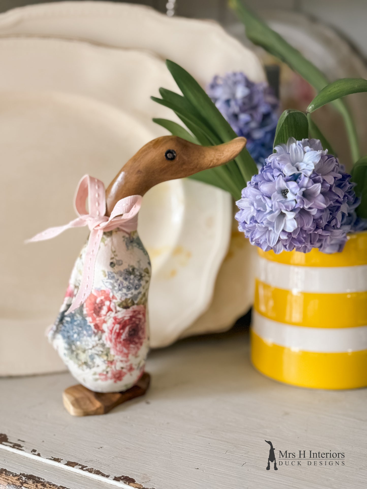 Rosie the vintage floral decorated Wooden Duck in Boots by Mrs H the Duck Lady