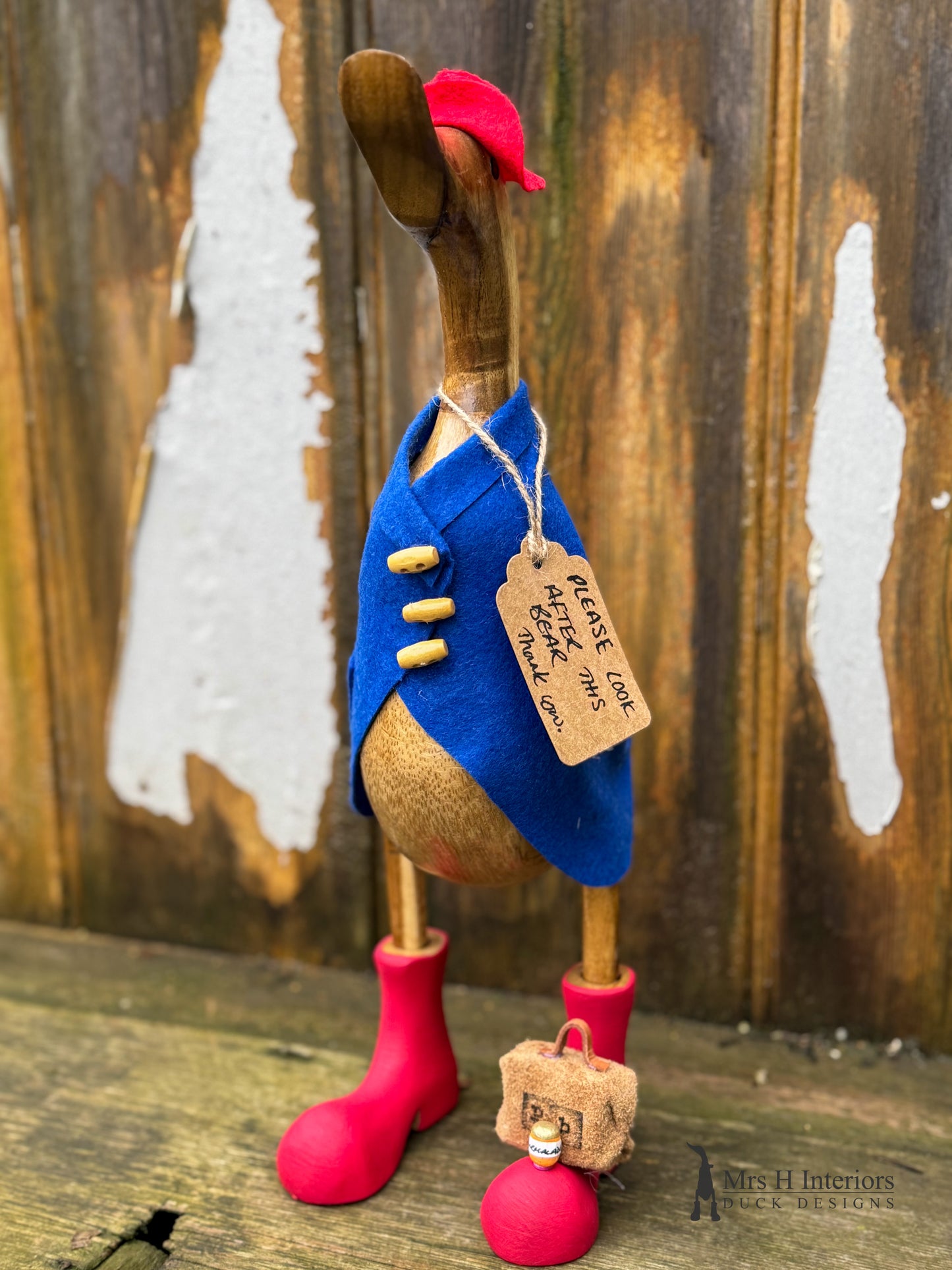 Paddington puddle duck - Decorated Wooden Duck in Boots by Mrs H the Duck Lady