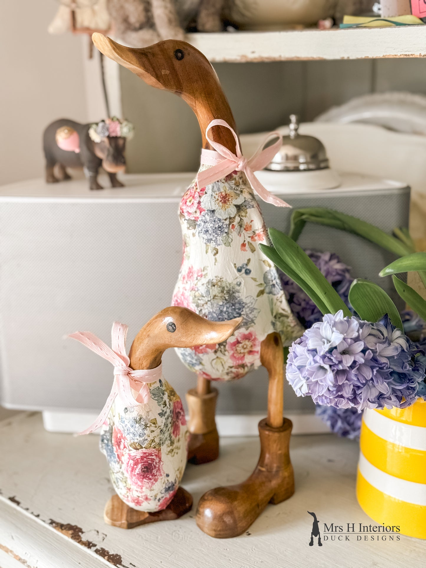 Rosie the vintage floral decorated Wooden Duck in Boots by Mrs H the Duck Lady