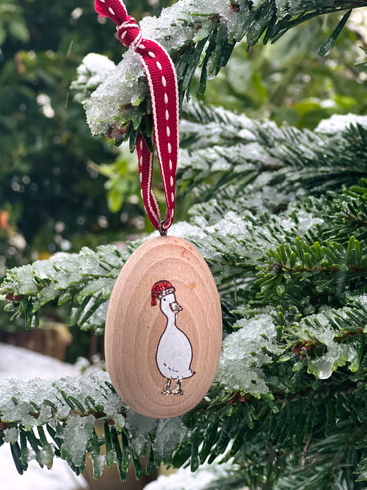 Christmas duck egg bauble  decorations, hand painted decorative wooden baubles.