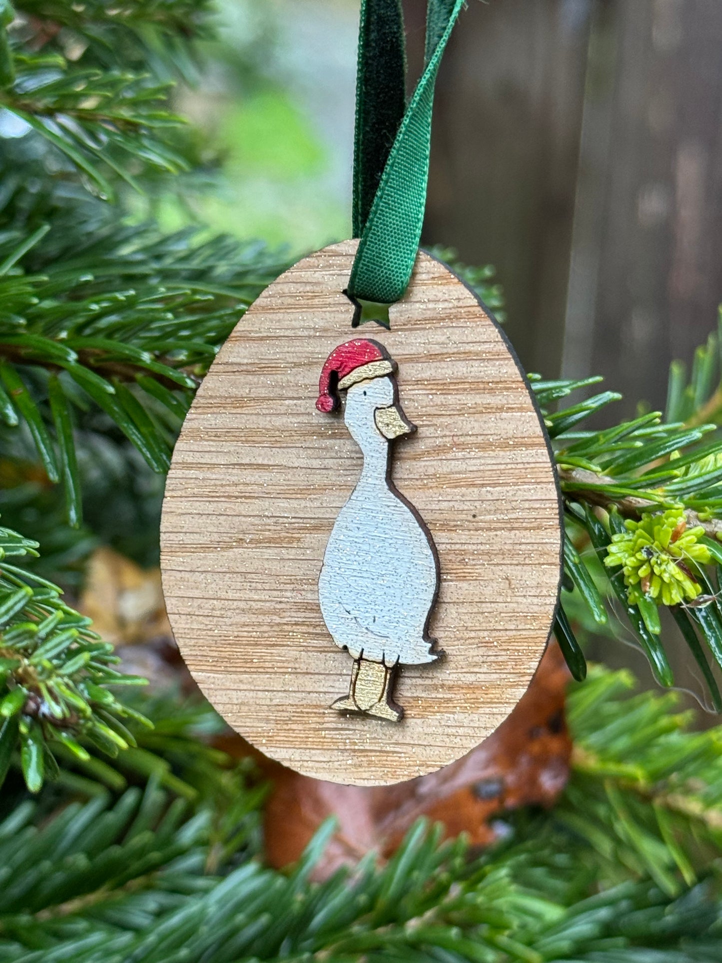 Christmas Blossom duck egg decorations with duck design on oak egg shapes, hand painted ready to use.