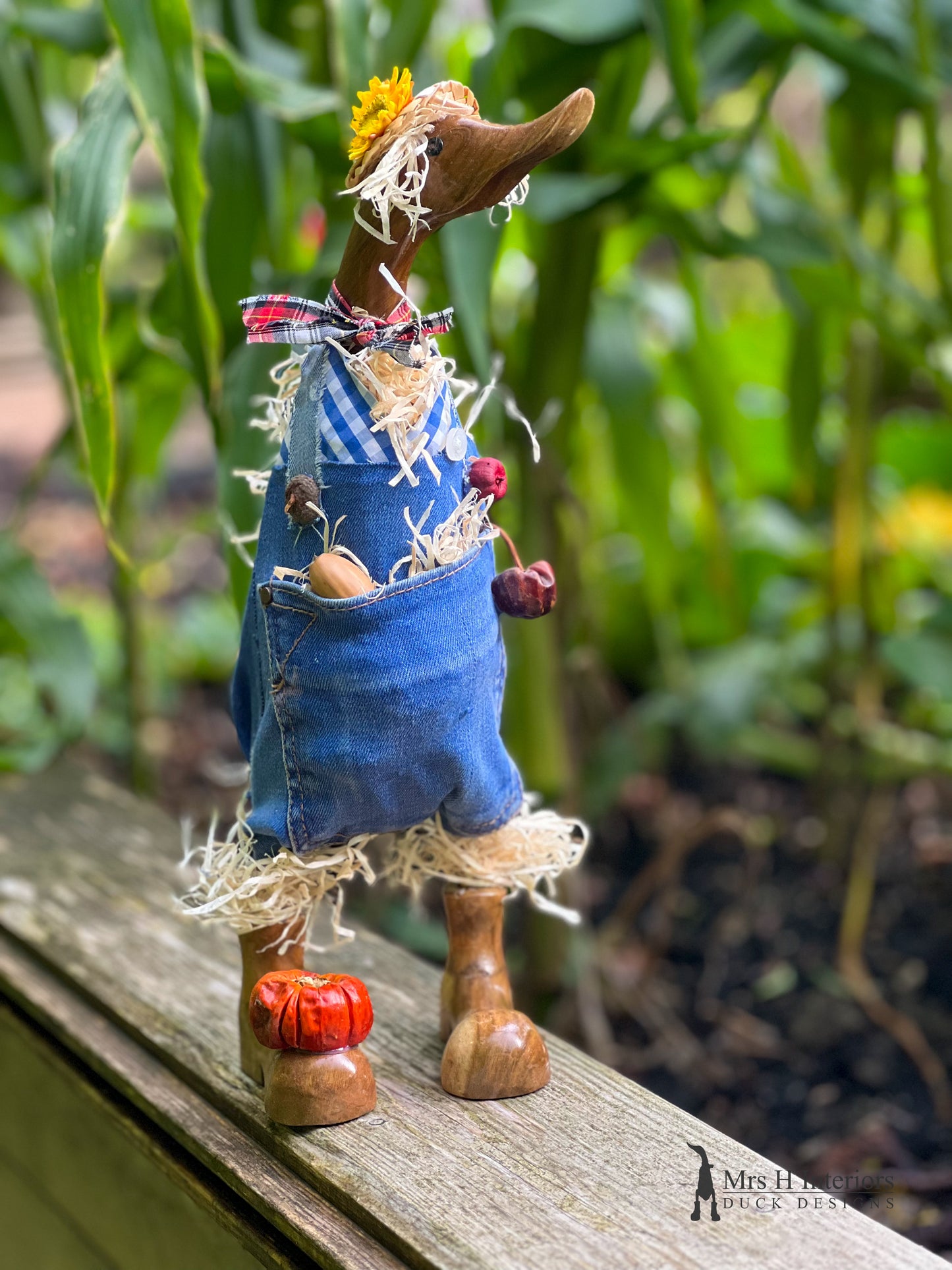 Sally scarecrow Decorated Wooden Duck in Boots by Mrs H the Duck Lady