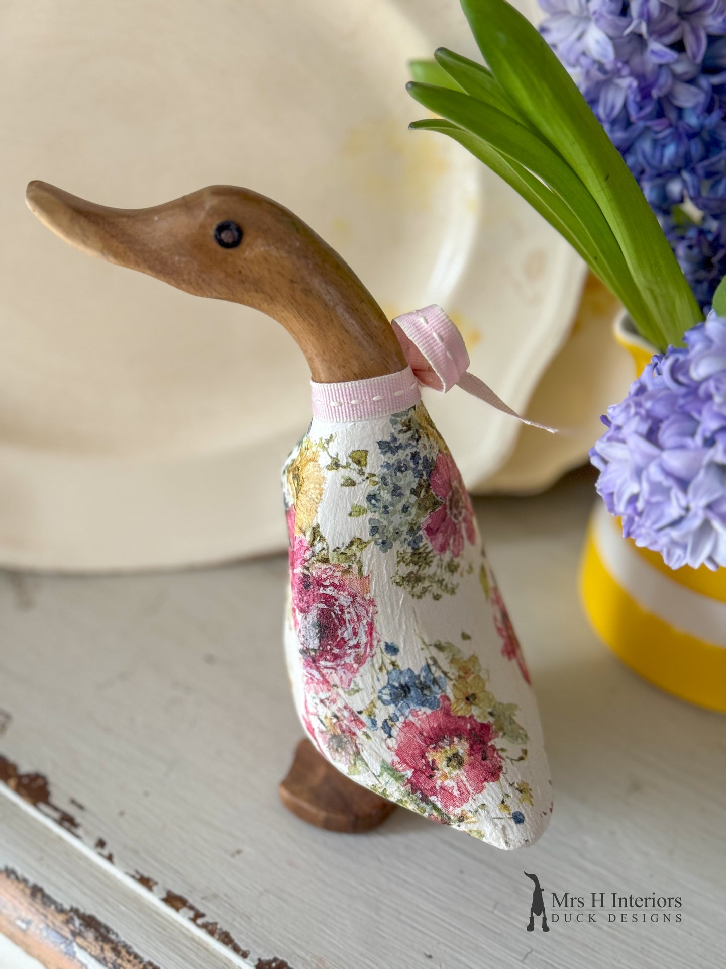 Rosie the vintage floral decorated Wooden Duck in Boots by Mrs H the Duck Lady