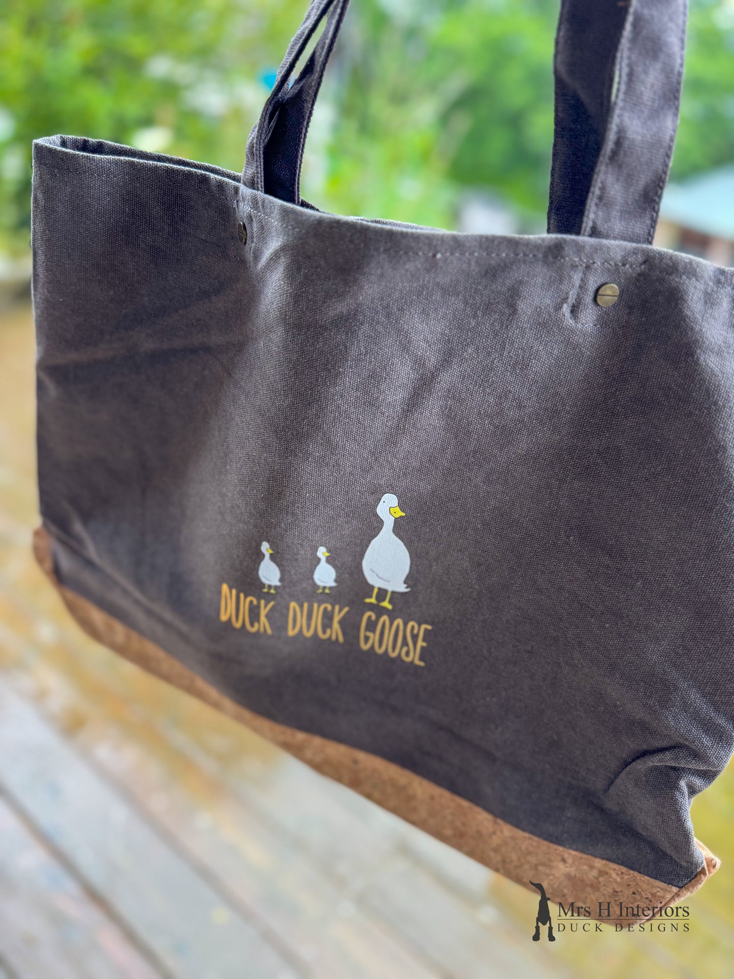 Poppy the duck bag. Grey washed, heavy cotton and cork tote bag.