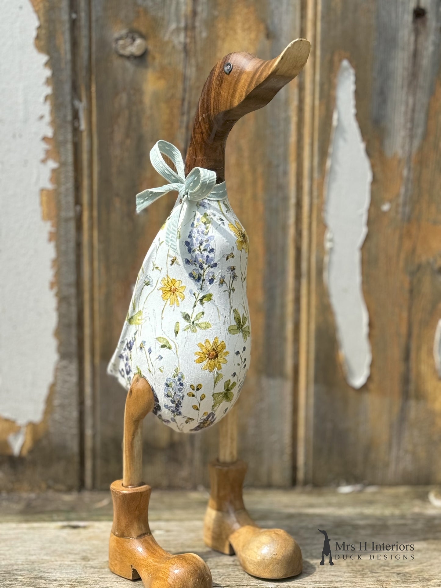 Martha the summer meadow decorated Wooden Duck in Boots by Mrs H the Duck Lady