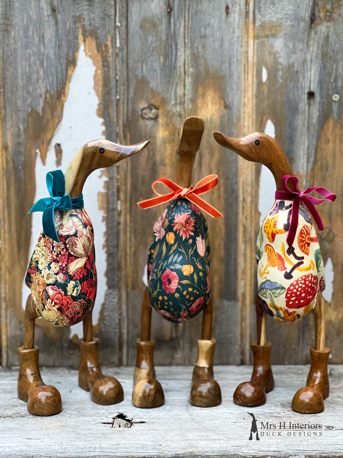 Mandy mushroom, fungi and fun-times autumnal Decorated Wooden Duck in Boots by Mrs H the Duck Lady