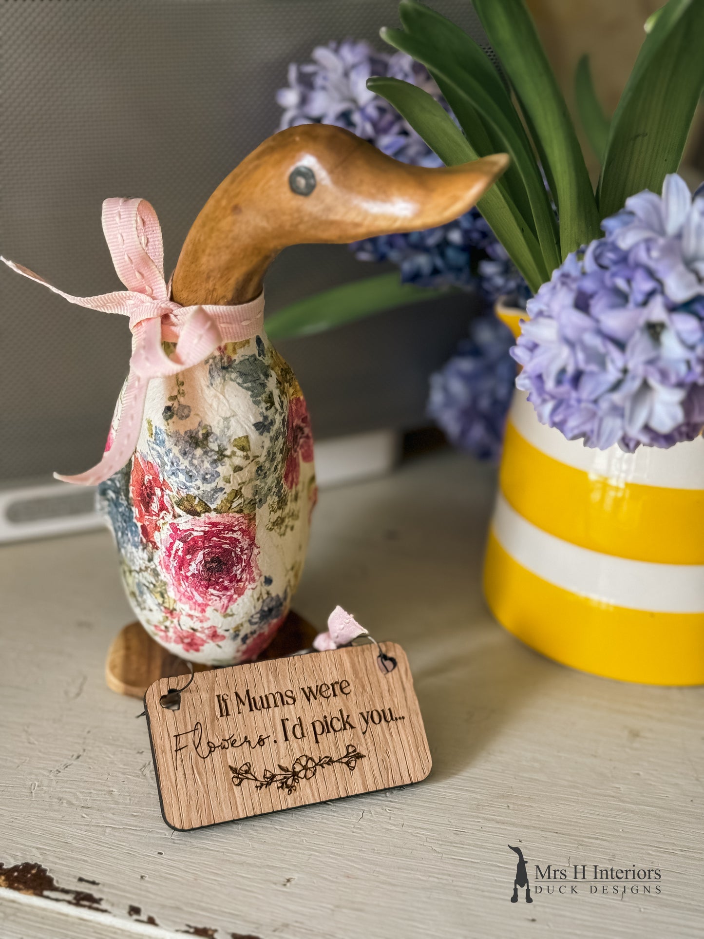 Rosie the vintage floral decorated Wooden Duck in Boots by Mrs H the Duck Lady