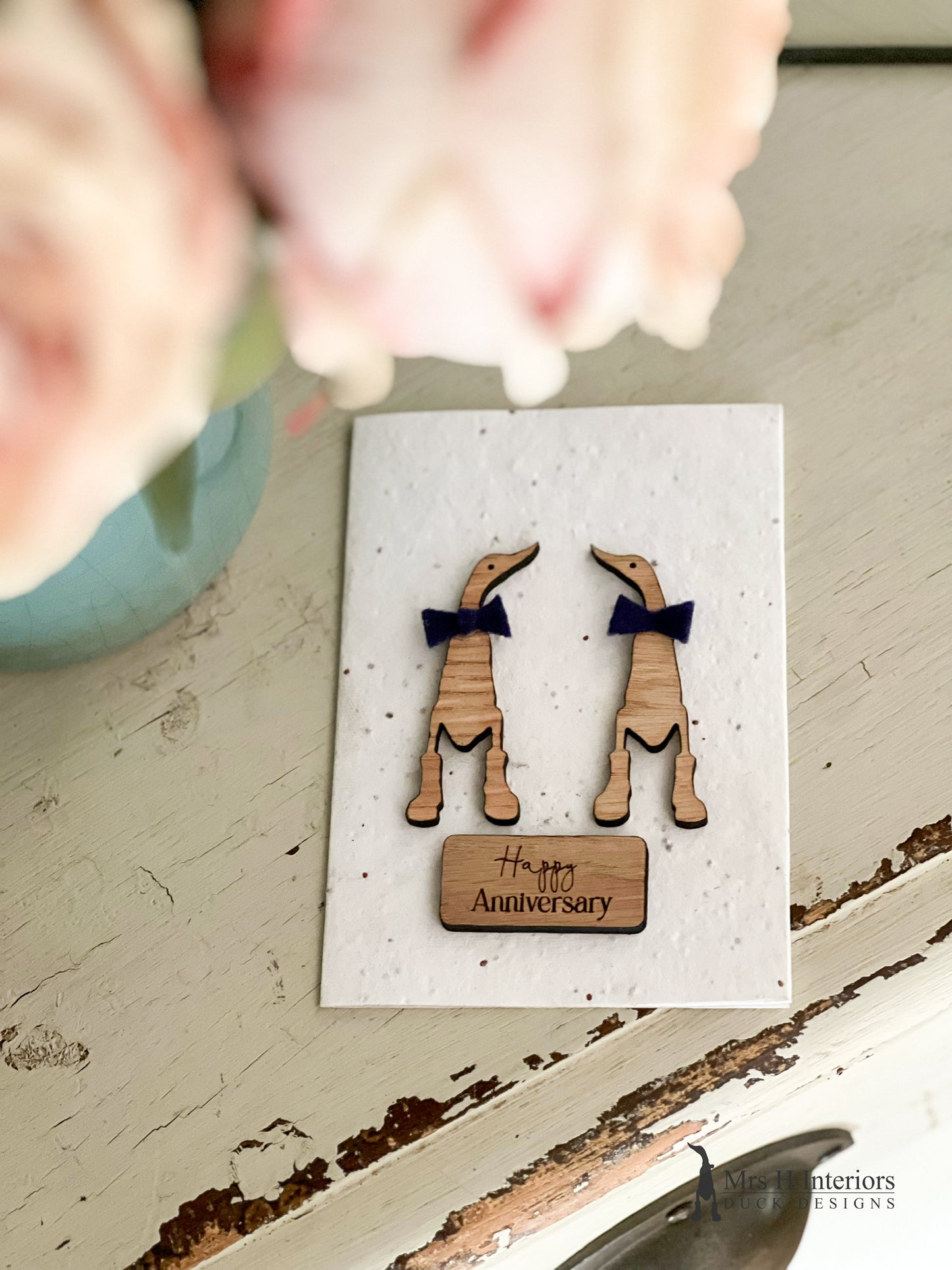 Happy Anniversary Card - Duck Wedding Couple - Decorated Wooden Duck in Boots by Mrs H the Duck Lady