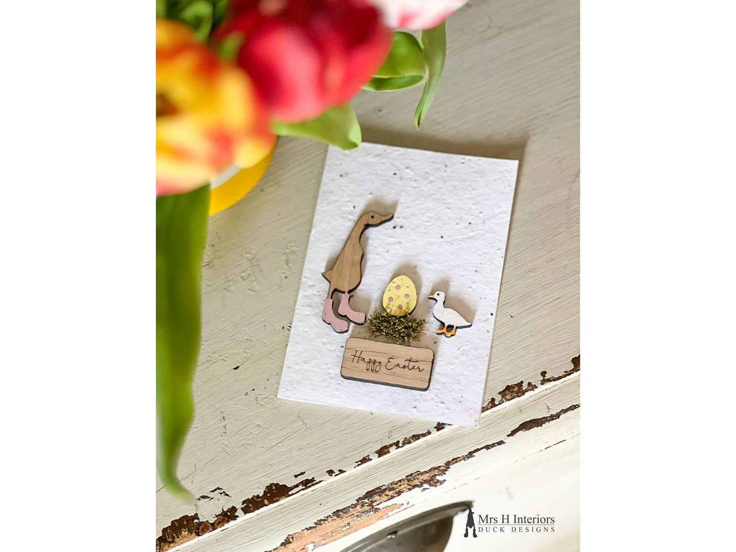 Happy Easter Card - Duckling and Egg - Decorated Wooden Duck in Boots by Mrs H the Duck Lady