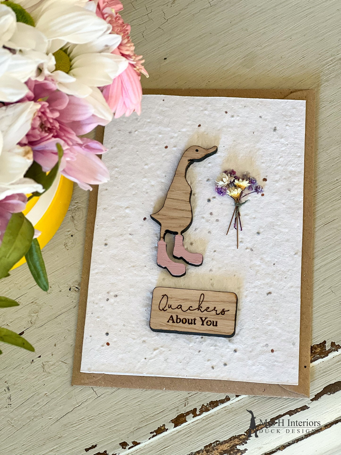 Quackers About You - Duck with Flowers - Greetings Card - Decorated Wooden Duck in Boots by Mrs H the Duck Lady