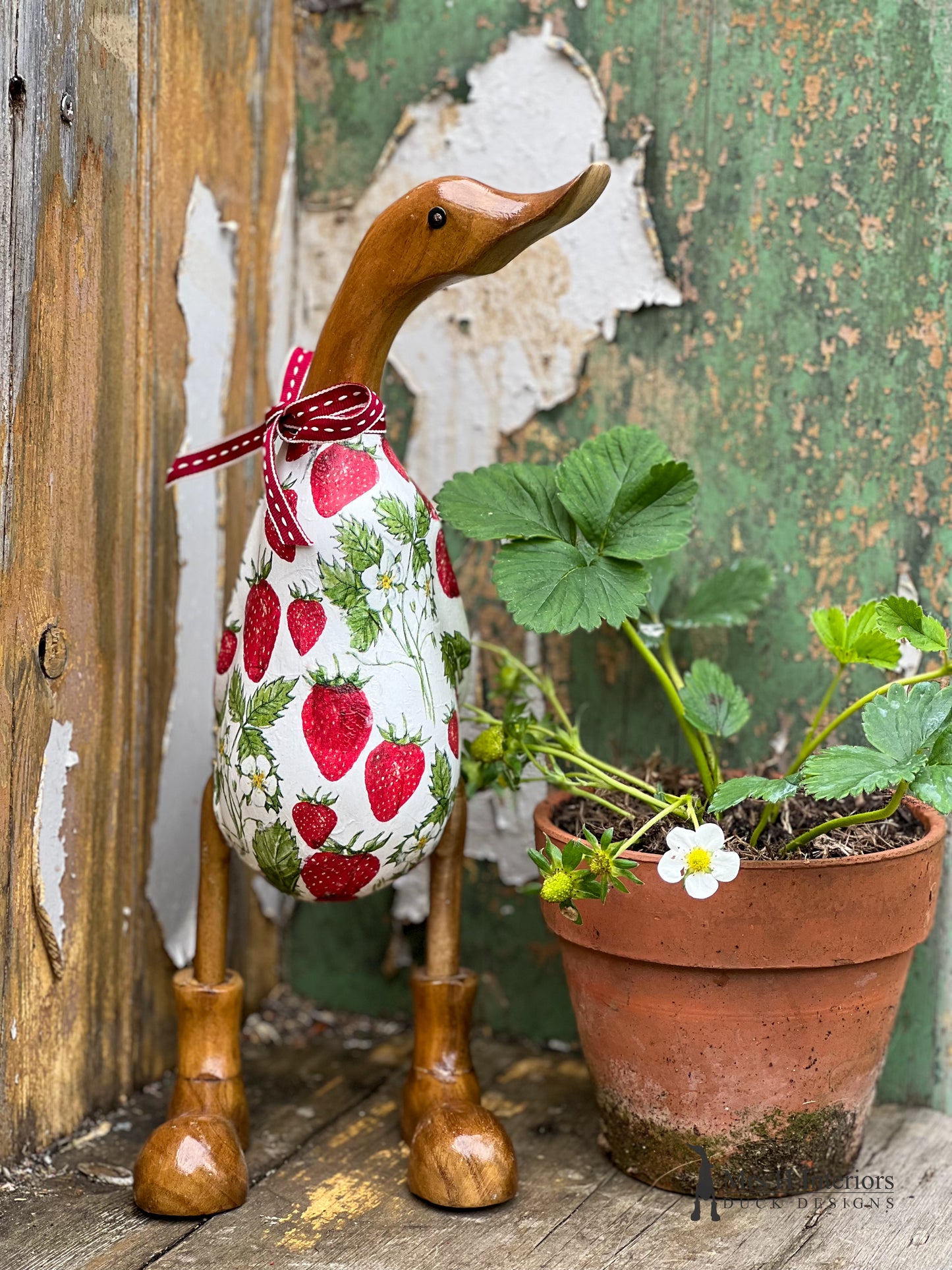 Strawberry dream - Decorated Wooden Duck in Boots by Mrs H the Duck Lady