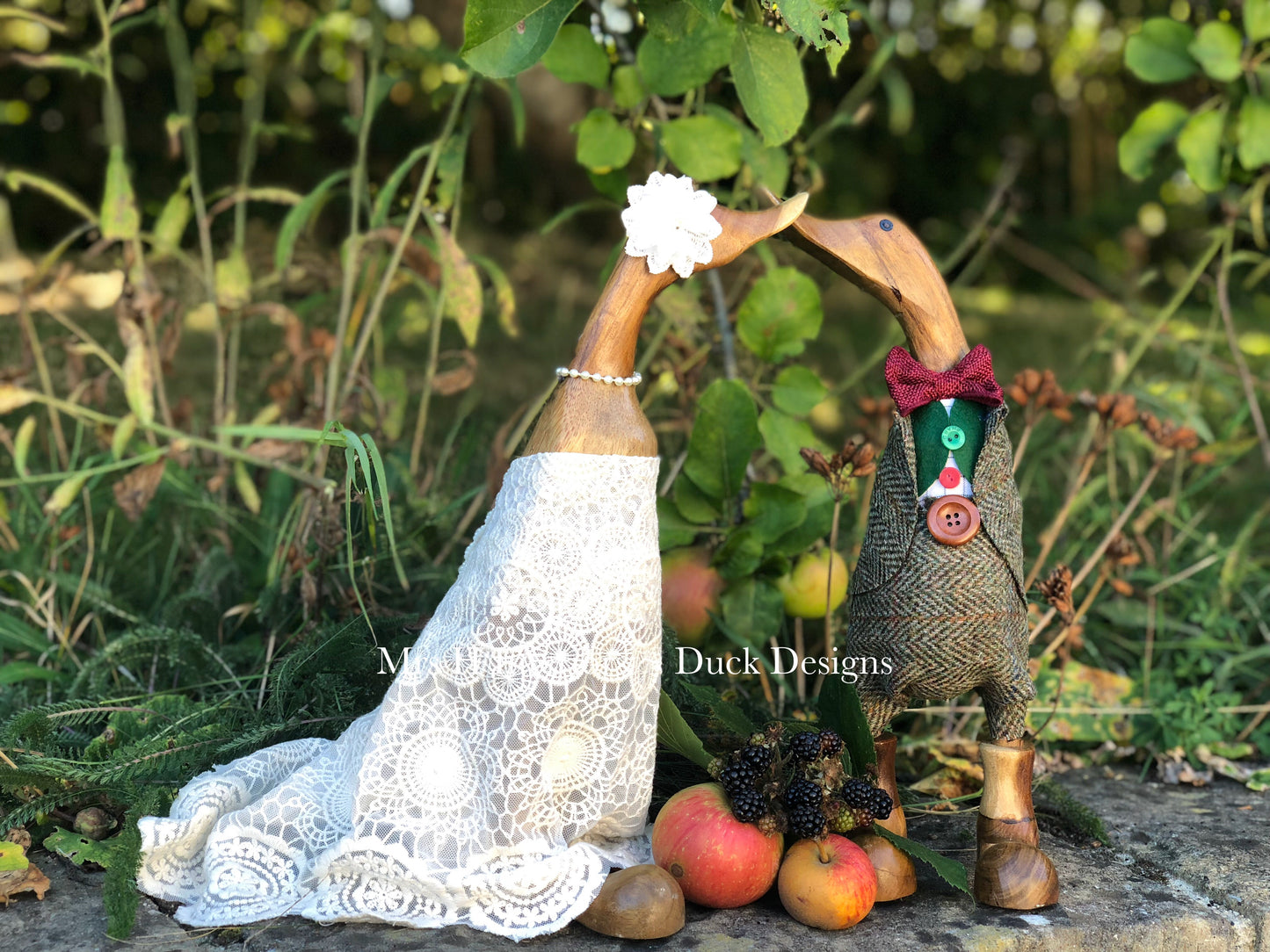 Bridal Couple - Vintage Style Wedding Pair Harris Tweed Groom - Decorated Wooden Duck in Boots by Mrs H the Duck Lady