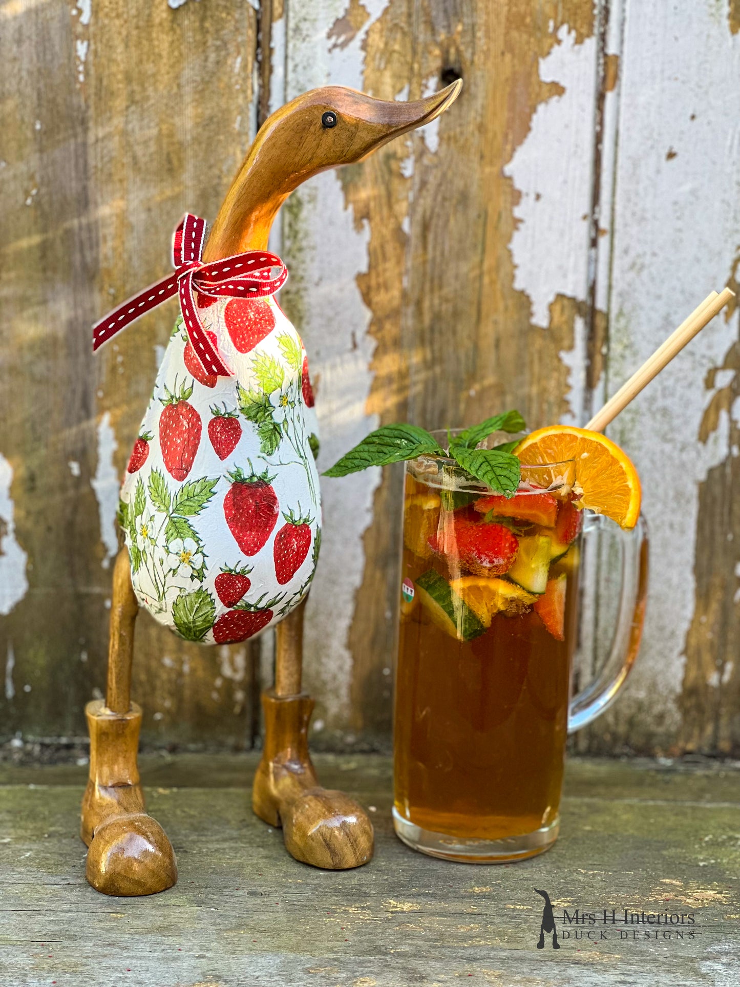 Strawberry dream - Decorated Wooden Duck in Boots by Mrs H the Duck Lady