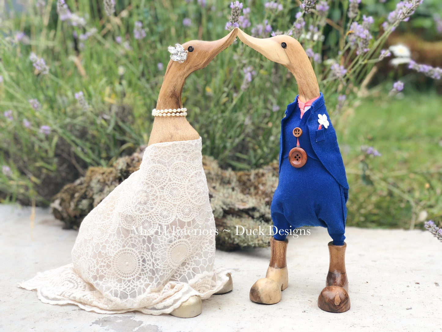 Bridal Couple - Vintage Style Wedding Pair Harris Tweed Groom - Decorated Wooden Duck in Boots by Mrs H the Duck Lady