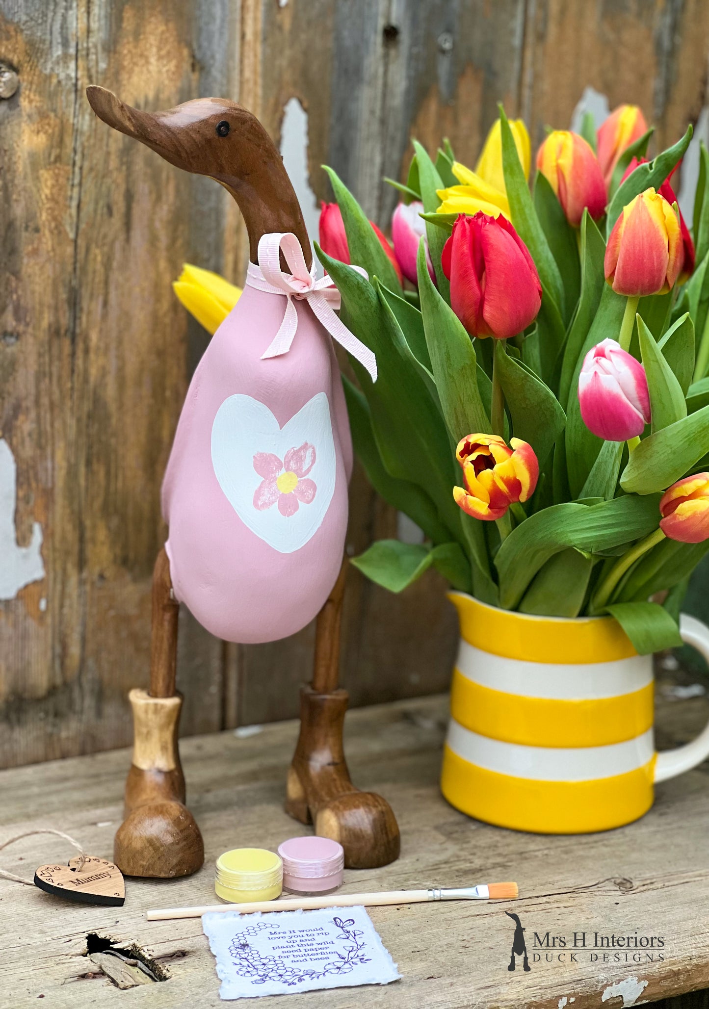 Muma The Bespoke Fingerprint Duck - Decorated Wooden Duck in Boots by Mrs H the Duck Lady